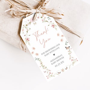 Etichette modificabili per bambino in fiore, etichetta regalo per baby shower, etichetta regalo per baby shower, farfalle, fiori selvatici, etichetta di ringraziamento per baby shower primaverile, 0674 immagine 3