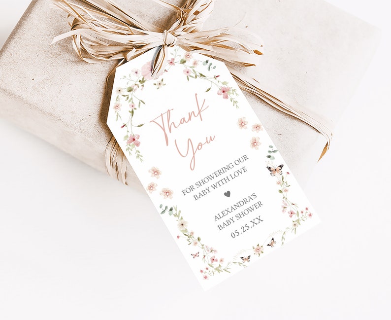 Etichette modificabili per bambino in fiore, etichetta regalo per baby shower, etichetta regalo per baby shower, farfalle, fiori selvatici, etichetta di ringraziamento per baby shower primaverile, 0674 immagine 3
