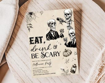 Editable Vintage Halloween Invitation, Eat Drink Be Scary Invitation, Halloween Invite, Costume Party Invitation, Vintage Skull Invite, 10SE