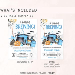 two editable template designs for a baby shower invitation. The invitation features a Halloween theme with a pot of bubbling soup, pumpkins, and bats. The text includes details about the event, such as the date, time, location, and RSVP information.