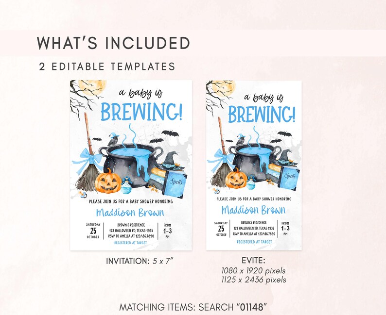 two editable template designs for a baby shower invitation. The invitation features a Halloween theme with a pot of bubbling soup, pumpkins, and bats. The text includes details about the event, such as the date, time, location, and RSVP information.