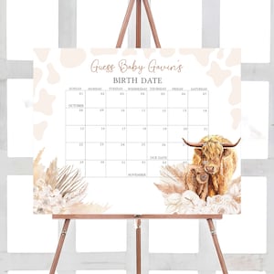 Bearbeitbarer Boho Highland Cow Babyparty Fälligkeitsdatumskalender, geschlechtsneutraler Heiliger Kuh Babypartykalender, Boho Kuh Geburtstagsvorhersagen, 0510