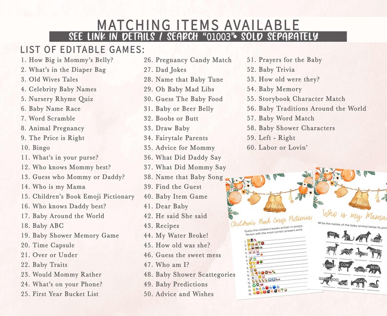 Orange Baby Shower Games Bundle