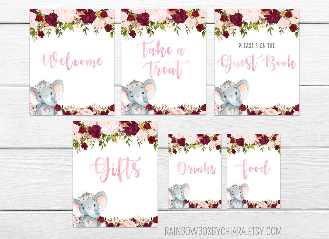 Elephant Baby Shower Signs, Printable Red Floral Baby Shower Table ...