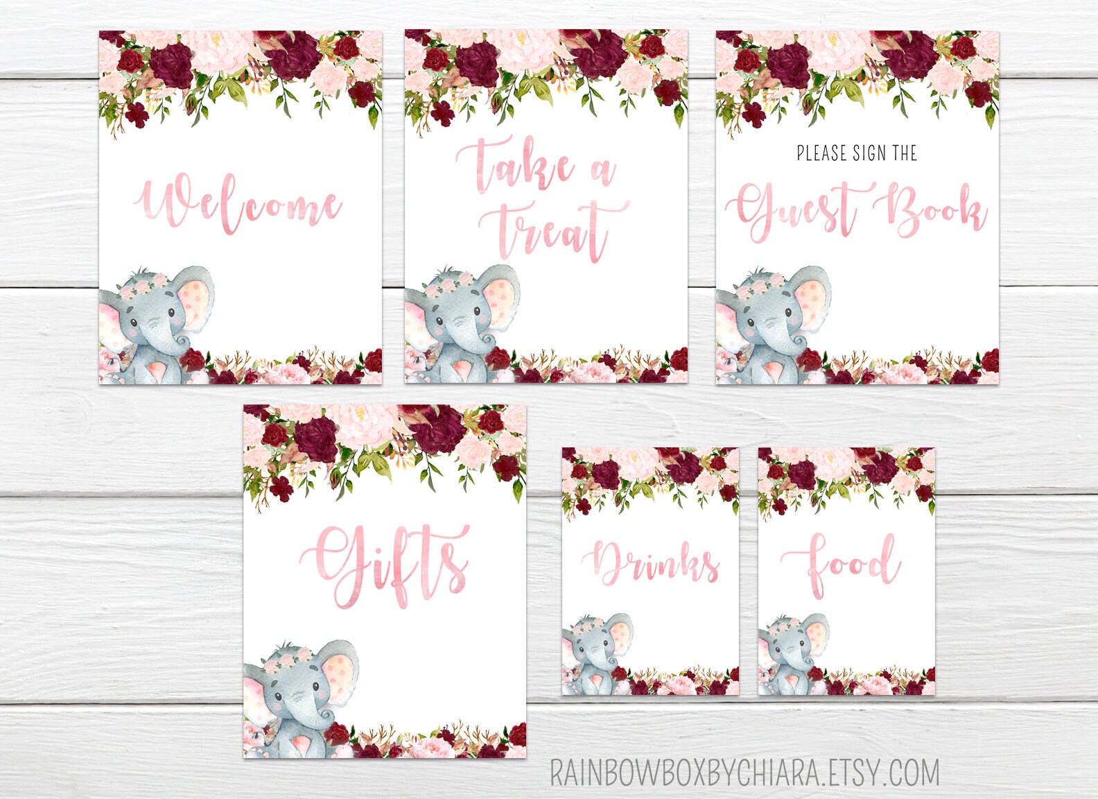Elephant Baby Shower Signs Printable Red Floral Baby Shower | Etsy