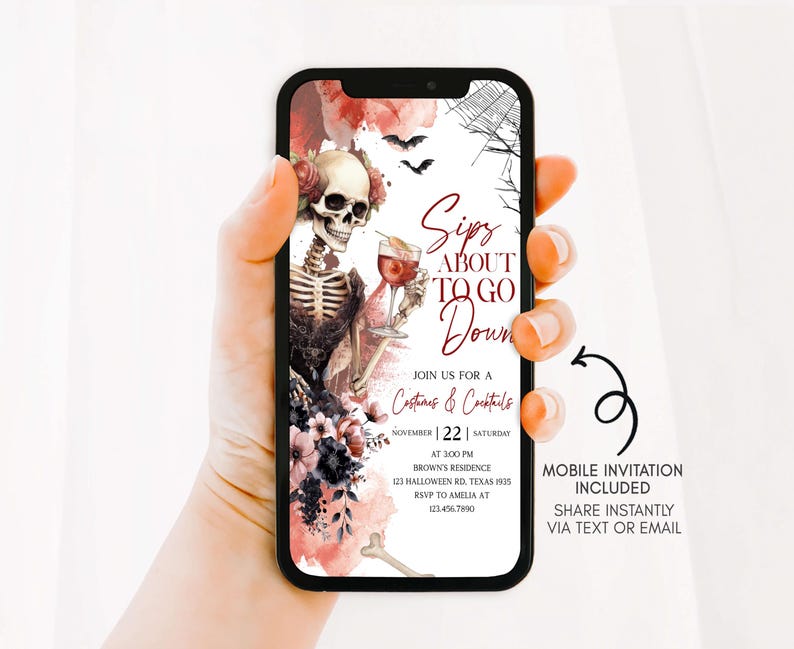 A hand holding a smartphone displaying an invitation for a costume and cocktail party.