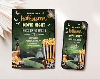 Editable Halloween Movie Invitation, Halloween Party Invitation, Movie Night Party Invite, Scary Movie Night Invite, Halloween Invite, 14SE