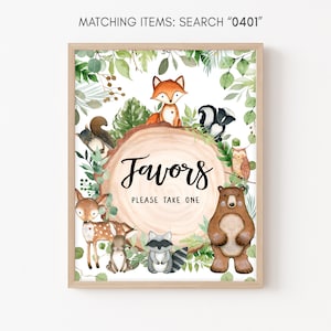 Segno di favori di Baby Shower del bosco, verde foresta animali Baby Shower favore tavolo segno, animali del bosco rustico segni di favore modello 0401