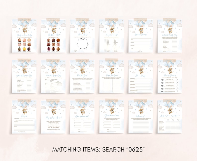 a set of matching items for a bear themed baby shower