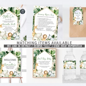 May include: A selection of baby shower stationery with a jungle theme. Includes invitations, a nursery rhyme quiz, thank you tags, welcome sign, and water bottle labels. The text includes "A Little Wild One" and "Samantha's Baby Shower".