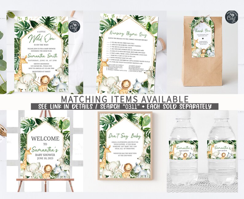 May include: A selection of baby shower stationery with a jungle theme. Includes invitations, a nursery rhyme quiz, thank you tags, welcome sign, and water bottle labels. The text includes "A Little Wild One" and "Samantha's Baby Shower".