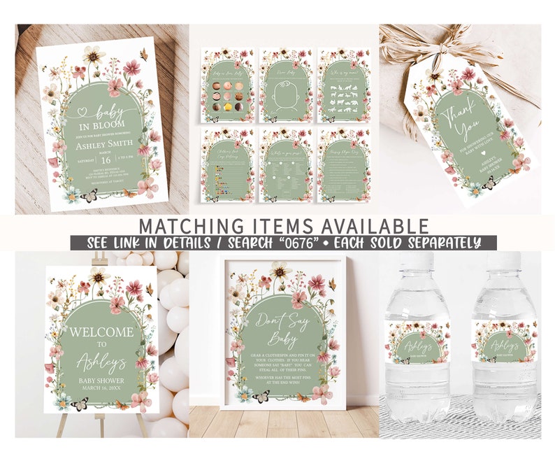 Editable Baby in Bloom Baby Shower Due Date Calendar, Boho Sage Green Wildflower Baby Shower Calendar, Gender Neutral Baby Shower Game, 0676 image 2