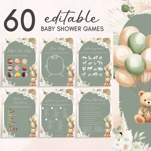 Editable Gender Neutral Bear Baby Shower Games Bundle, Green Bear Boho Baby Shower Game Pack, Sage Green Balloons Baby Shower Games, 0693 image 1