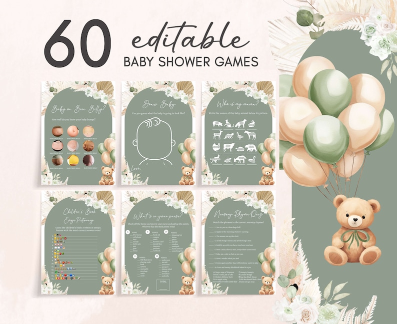 Editable Gender Neutral Bear Baby Shower Games Bundle, Green Bear Boho Baby Shower Game Pack, Sage Green Balloons Baby Shower Games, 0693 image 1