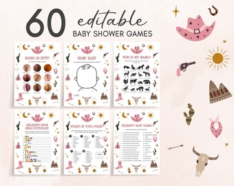Lot modifiable de jeux de baby shower de cow-girl, pack de jeux de baby shower western fille, modèle de jeu de bébé rose désert baby shower country thème 0313