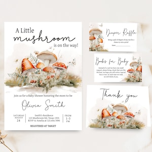 Editable Mushroom Baby Shower Invitation Bundle, Cottage Core Mushroom Baby Shower Invite Set, Little Mushroom Fall Baby Shower Invite 0843