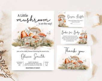 Editable Mushroom Baby Shower Invitation Bundle, Cottage Core Mushroom Baby Shower Invite Set, Little Mushroom Fall Baby Shower Invite 0843