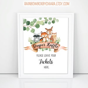 Printable Woodland Baby Shower Diaper Raffle Sign, Boy, Gender Neutral, Girl, Woodland Animals, Woodland Theme Sign, Greenery Baby  Sign