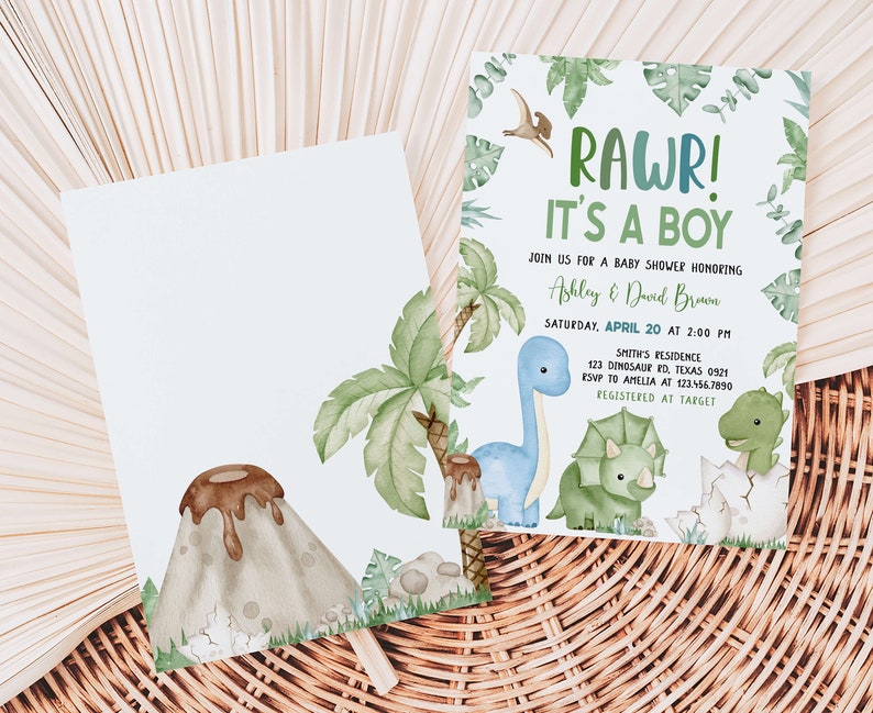 Bearbeitbare Dinosaurier-Babyparty-Einladung, Dino-Babyparty-Einladung, Jungen-Dinosaurier-Babyparty-Einladung, Es ist eine Jungen-Dinosaurier-Einladung, 0661 Bild 2