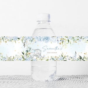 Editable Blue Elephant Baby Shower Bottle Label, Blue Floral Elephant Baby Shower Water Labels, Blue Flowers Boy Water Bottle Stickers, 0636 image 1