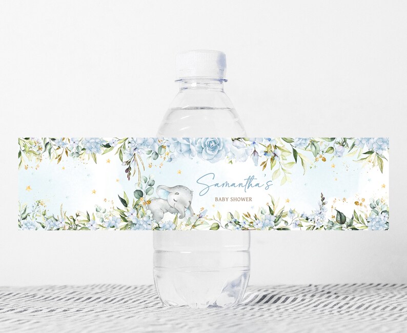 Editable Blue Elephant Baby Shower Bottle Label, Blue Floral Elephant Baby Shower Water Labels, Blue Flowers Boy Water Bottle Stickers, 0636 image 1