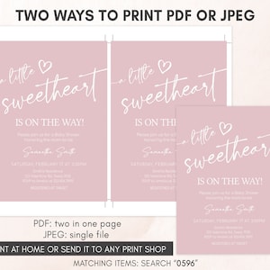 Editable Valentine Baby Shower Invitation, Minimalist Heart Baby Shower Invite, Pink A Little Sweetheart Baby Shower Invite Template, 0596 image 3