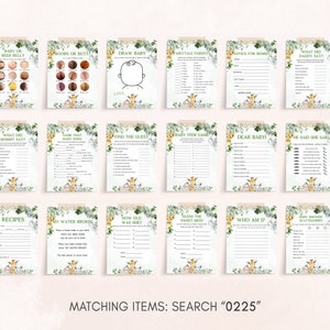 K&ouml;nnte beinhalten: Ein Satz mit 12 druckbaren Babyparty-Spielkarten mit Dschungel-Thema, gr&uuml;nen Bl&auml;ttern, einer Giraffe und einem L&ouml;wen. Die Karten beinhalten Spiele wie "Baby oder Bierbauch", "Finde den Gast", "Errate den s&uuml;&szlig;en Leckerbissen" und "Wer bin ich?"
