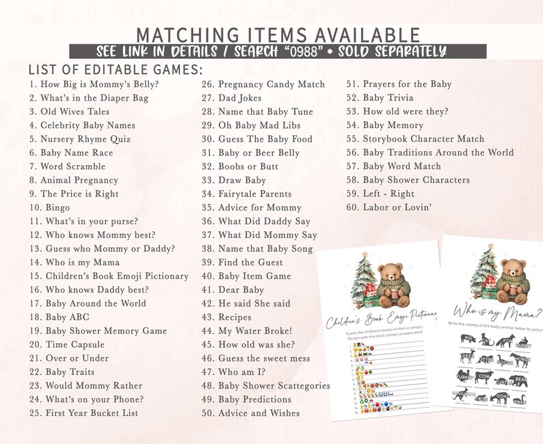 a list of matching items available for a baby shower