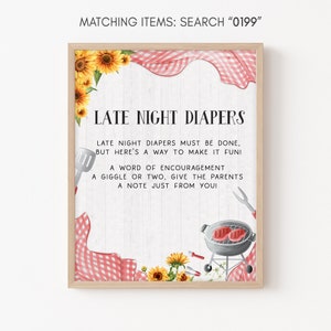 May include: A printable sign with a white wood background and red and white gingham pattern. The sign says "Late Night Diapers" and includes instructions for a diaper game. The sign is framed in a brown wood frame.