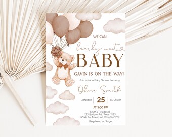 Editable We Can Bearly Wait Baby Shower Invitation, Gender Neutral Bear Balloon Baby Shower Invite, Brown Boho Bear Baby Shower Invite 01027