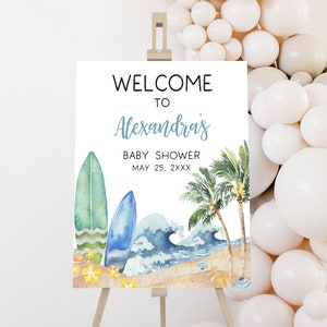 Editable Baby on Board Baby Shower Welcome Sign, Surf Board Beach Baby Shower Welcome Poster, Surfing Summer Boy Baby Shower Sign, 0677 image 1