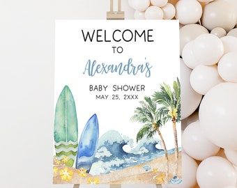Editable Baby on Board Baby Shower Welcome Sign, Surf Board Beach Baby Shower Welcome Poster, Surfing Summer Boy Baby Shower Sign, 0677