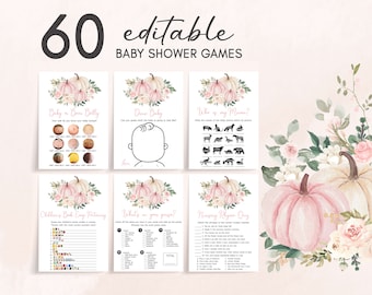 Redigerbara babyshower-spel med rosa blommor och pumpa, spelpaket med flickgrönt och höstbabyshower, små pumpa-babyshower-spel, 0881