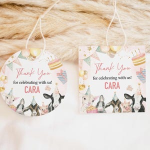 Étiquettes modifiables appelant tous les fêtards ronds, étiquettes cadeaux pour fête d'anniversaire ferme rose, anniversaire animaux de la ferme fille, étiquette de fête de basse-cour, 31BD