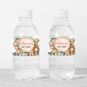 Editable Girl Woodland Baby Shower Bottle Label, Floral Forest Animals Baby Shower Water Label, Rustic Floral Woodland Bottle Stickers 0403 image 2