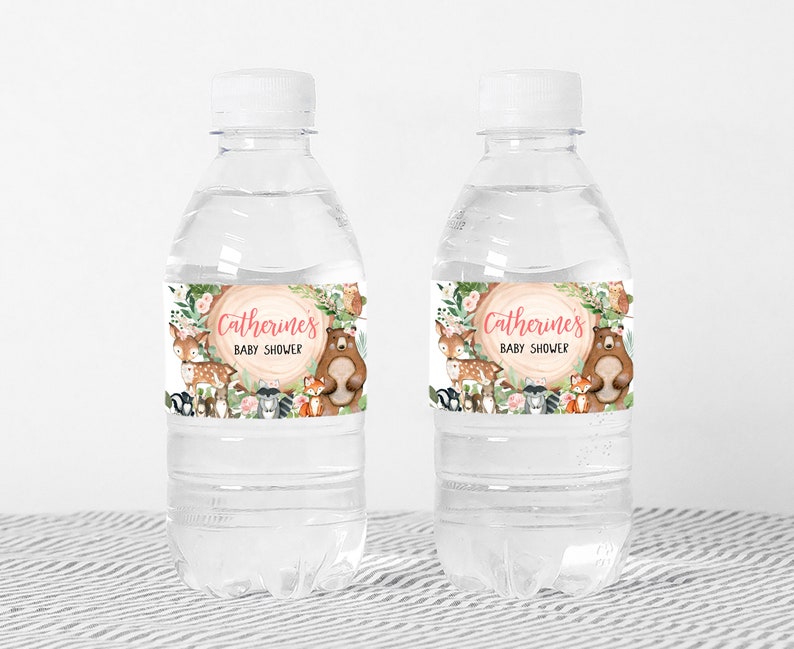 Editable Girl Woodland Baby Shower Bottle Label, Floral Forest Animals Baby Shower Water Label, Rustic Floral Woodland Bottle Stickers 0403 image 2