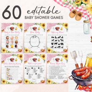 Editable Sunflower Pink Baby-Q Baby Shower Games Bundle, Girl BBQ Baby Shower Game Pack, Floral Backyard Gingham Picnic Baby Shower, 0820