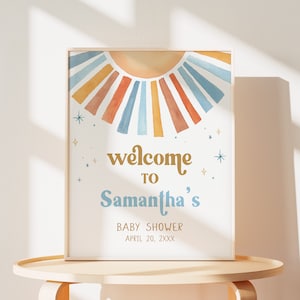 Bearbeitbares Sonnenschein-Babyparty-Willkommensschild, hier kommt der Sohn-Babyparty-Willkommensplakat, blauer Junge Boho Sunshine-Babypartyschild, 0642