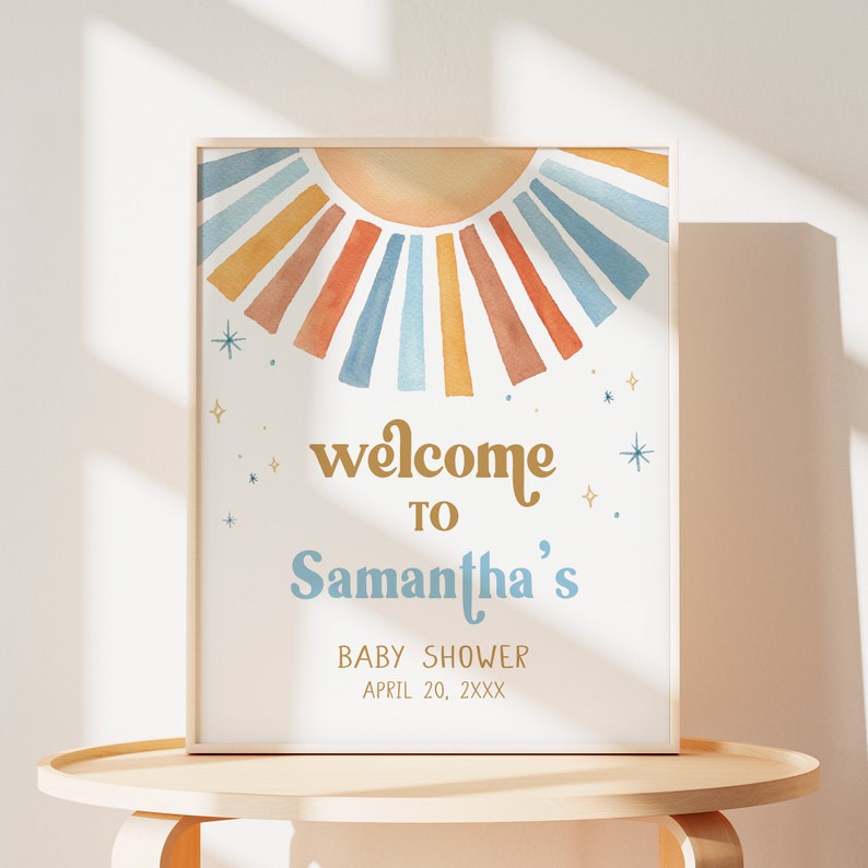 Bearbeitbares Sonnenschein-Babyparty-Willkommensschild, hier kommt der Sohn-Babyparty-Willkommensplakat, blauer Junge Boho Sunshine-Babypartyschild, 0642 Bild 1