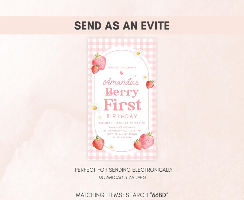a pink and white birthday card with strawberries on it