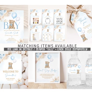 Editable Blue Pampas Grass Boy Boho Bear Baby Shower Favor Tags, We Can Bearly Wait Baby Shower Gifts Tag, Brown Bear Thank You Tags, 0622 image 2