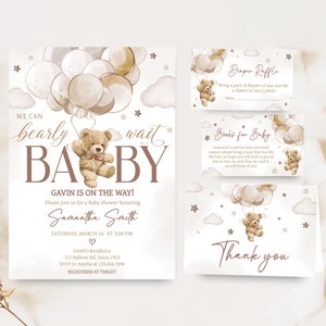 Editable Gender Neutral Bear Baby Shower Invitation Bundle, We Can Bearly Wait Baby Shower Invite Set, Boho Bear Balloon Baby Shower, 0606 image 1