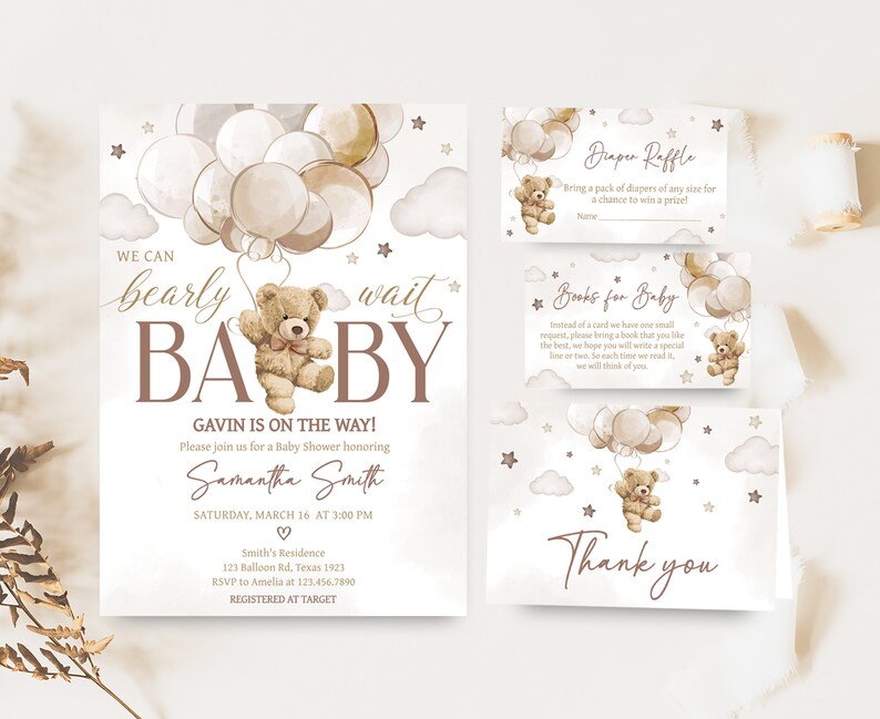 Editable Gender Neutral Bear Baby Shower Invitation Bundle, We Can Bearly Wait Baby Shower Invite Set, Boho Bear Balloon Baby Shower, 0606 image 1