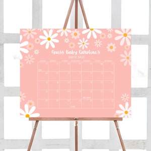Bearbeitbarer Daisy Baby Shower Kalender Boho Baby Shower Fälligkeitsdatum Spiel Retro Daisy Groovy Boho Geburtstagsvorhersagen druckbare Vorlage 0230