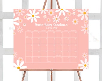 Editable Daisy Baby Shower Calendar Bohemian Baby Shower Due Date Game Retro Daisy Groovy Boho Birthday Predictions Printable Template 0230