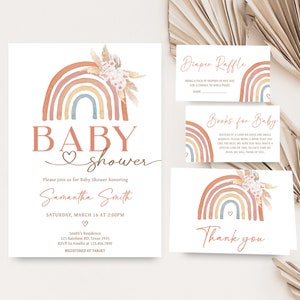 Editable Boho Rainbow Baby Shower Invitation Bundle, Pink Pampas Grass Boho Rainbow Baby Shower Invite Set, Girl Rainbow Baby Shower, 0632 image 1