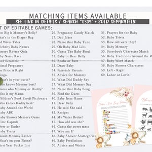 May include: A pink and white printable list of 60 baby shower game ideas. The list includes games like "How Big is Mommy's Belly?" and "Baby Shower Characters".