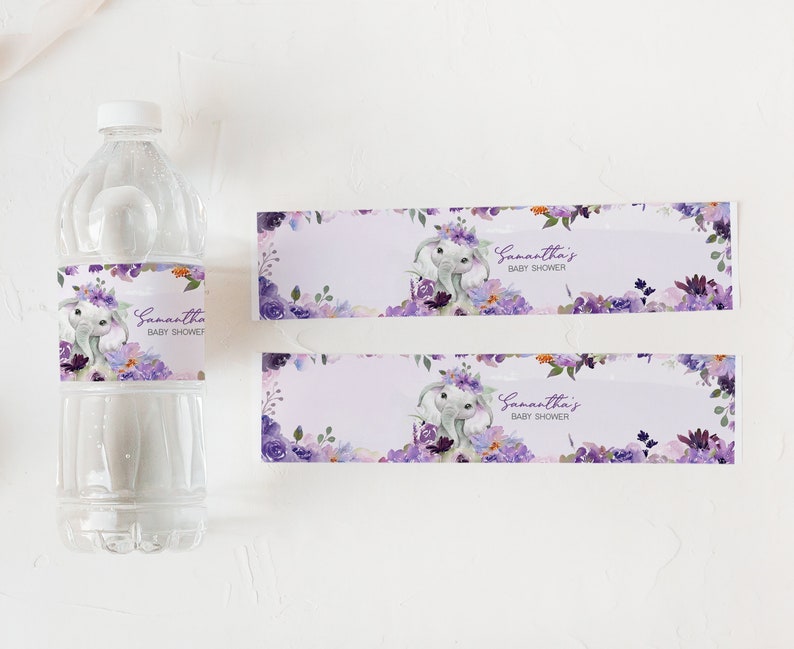 May include: Purple and white floral baby shower water bottle labels with a cute elephant design. The labels say "Samantha's Baby Shower".