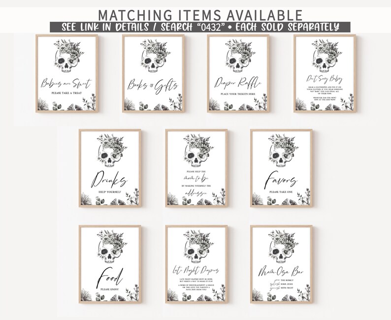 May include: A collection of framed signs with a skull and floral design. The signs have various text, including "Drinks," "Favors," and "Food." The signs are in a minimalist style with black and white graphics and text. The text "Matching Items Available" is at the top.