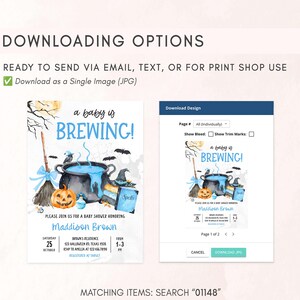 The image is a screenshot of a digital invitation for a baby shower, featuring illustrations of a baby, a pot of bubbling liquid, and Halloween-themed items such as a broom, a pumpkin, and a witch's hat.